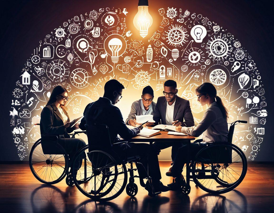 A diverse group of empowered individuals, including a woman in a wheelchair and a man with a cane, studying together with open books and digital tablets. They are surrounded by symbols of knowledge like light bulbs, gears, and a map, representing treatment options and patient rights. The background features a warm, supportive environment filled with trees and sunlight. super-realistic. vibrant colors. soft-focus background.