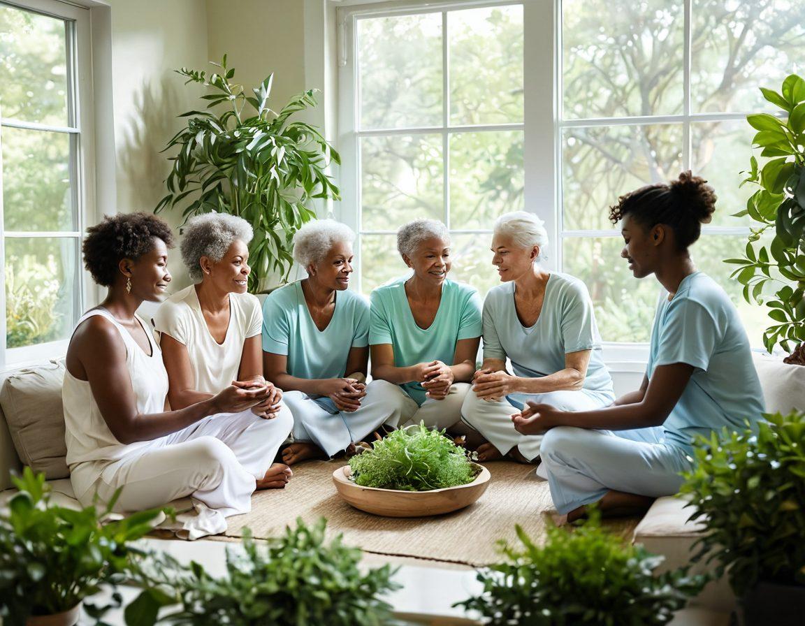 A compassionate scene depicting diverse cancer survivors sharing their stories in a serene support group setting, surrounded by natural elements like plants and soft sunlight filtering through a window. Include visual metaphors like intertwined hands symbolizing unity and strength, with a calming color palette of pastel greens and blues. Convey warmth and hope, showcasing various supportive tools like books, herbs, and wellness items nearby. soft focus. vibrant colors. natural light.