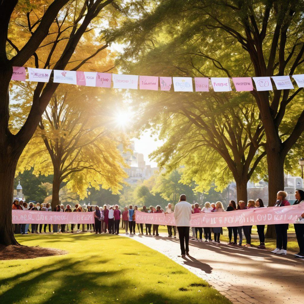 A diverse group of people, including healthcare professionals and cancer survivors, gathered in a park, sharing stories and ideas. Bright banners displaying cancer awareness messages flutter in the background. Sunlight filters through trees, creating a warm, inviting atmosphere that emphasizes collaboration and community support. Include symbols of hope, like ribbons and flowers, in the scene. super-realistic. vibrant colors. warm tones.